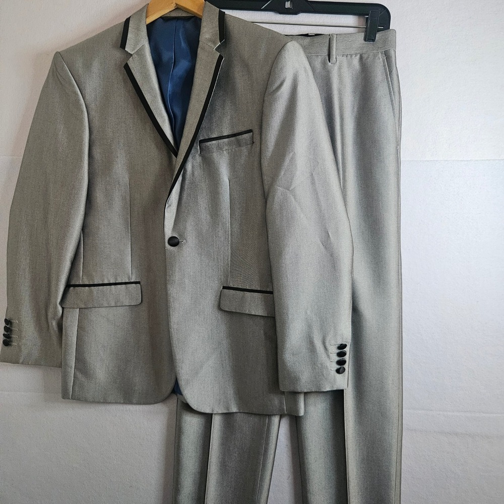 Eleganza Giorgio Sanetti Mens Suit Set Silver Grey Black Trim 38S‎ 32x35 Pant